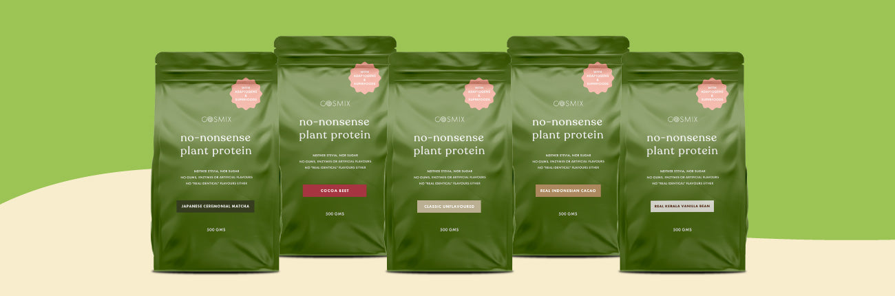 This is an image of Cosmix Plant Protein Powders on www.sublimelife.in 