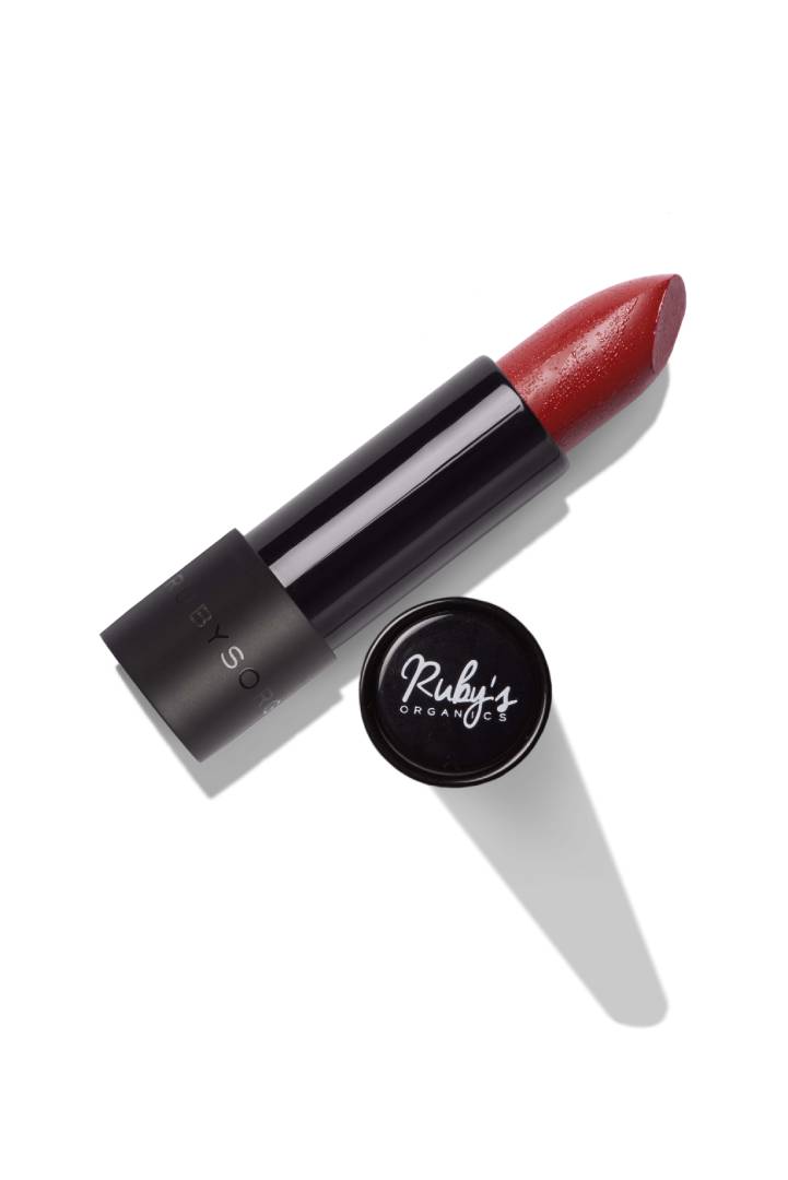 This is an image of Lipstick Brick from Ruby's Organics on SublimeLife.in. The shade is Bright Crimson and it suits most Indian skin tones.