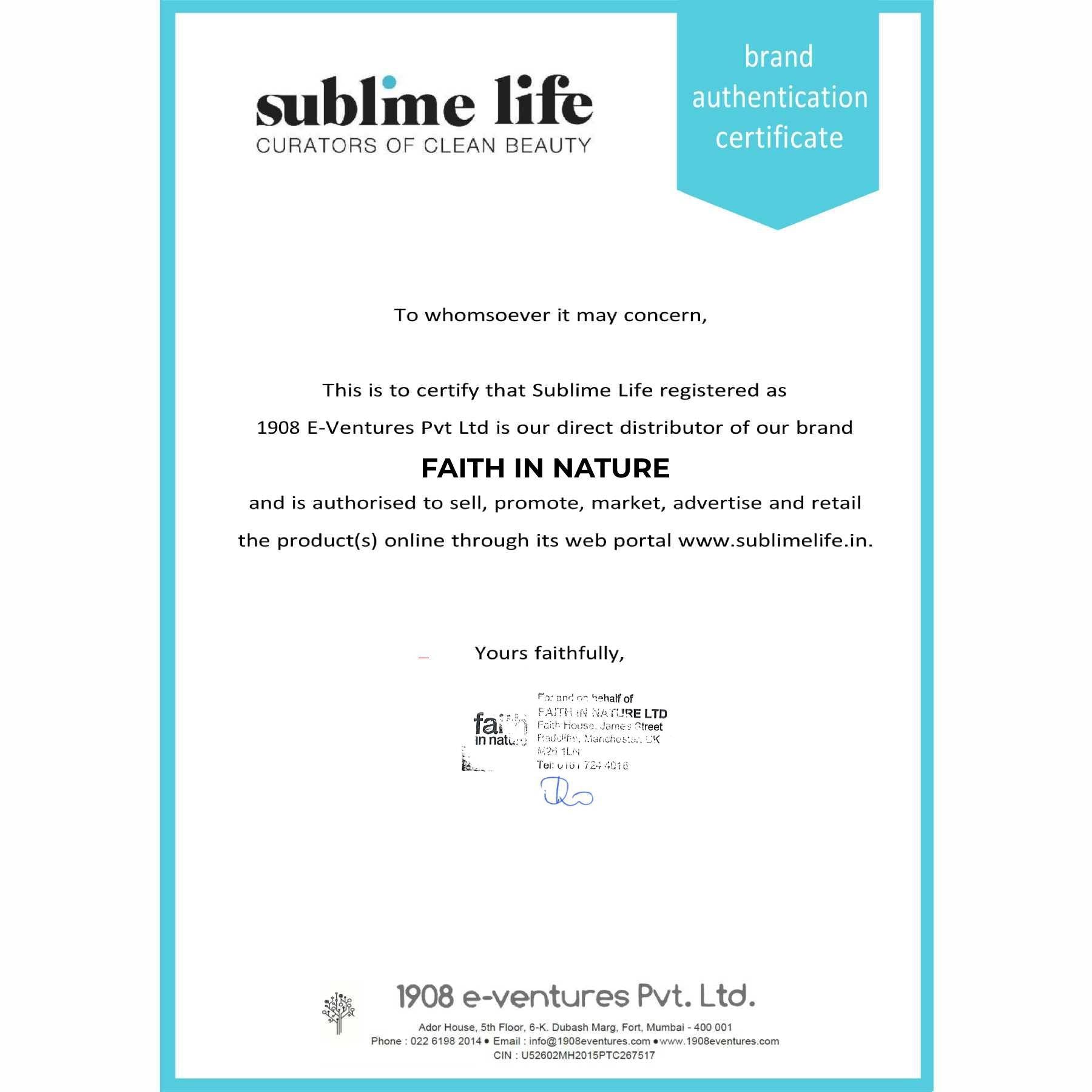 Brand Authentication Certificate - Faith in Nature