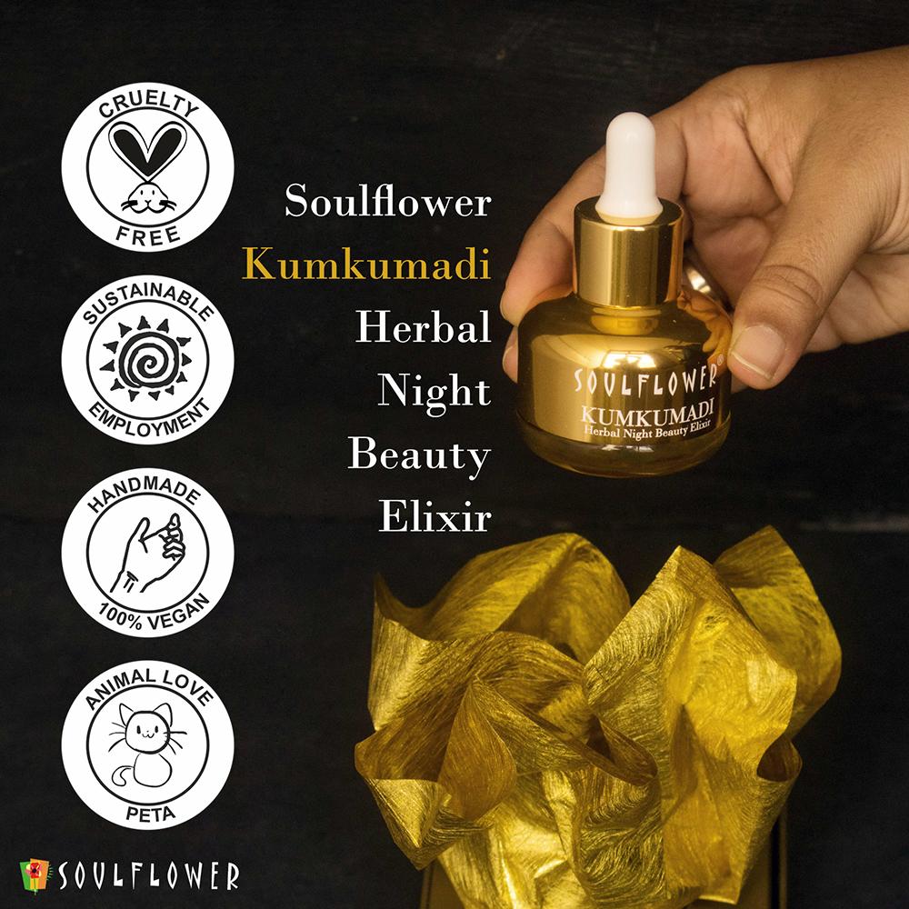 Shop Soulflower Herbal Kumkumadi Night Beauty Elixir With Precious Oils Of Saffron & Almond on Sublime Life. Fights ageing, hyperpigmentation.