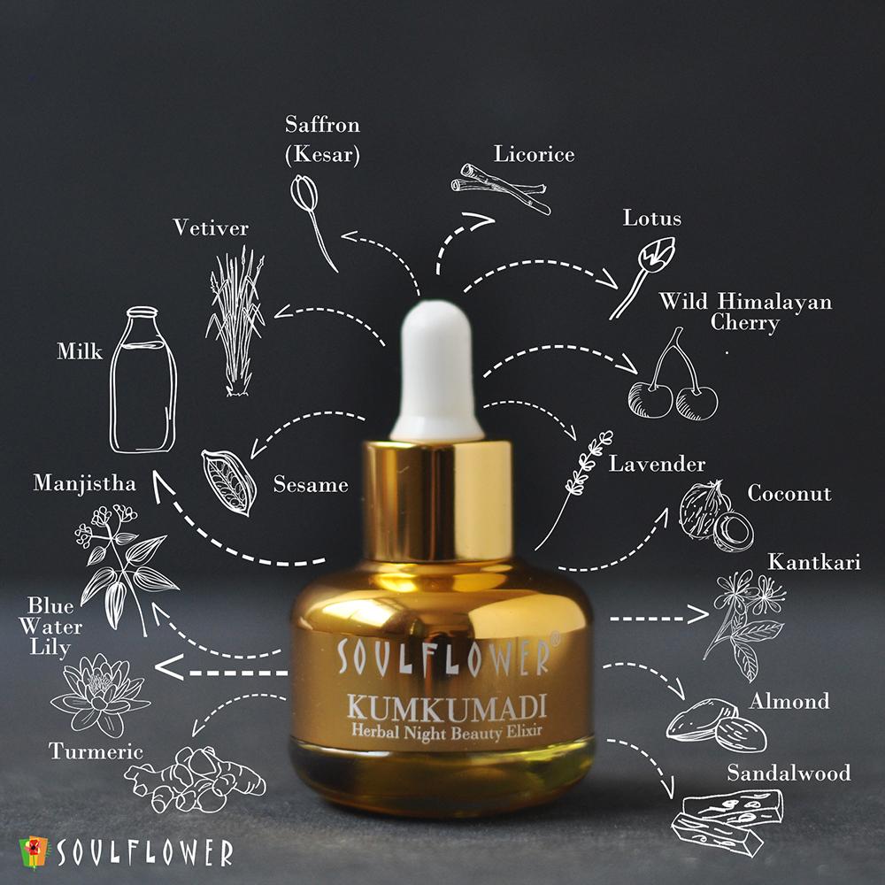 Shop Soulflower Herbal Kumkumadi Night Beauty Elixir With Precious Oils Of Saffron & Almond on Sublime Life. Fights ageing, hyperpigmentation.