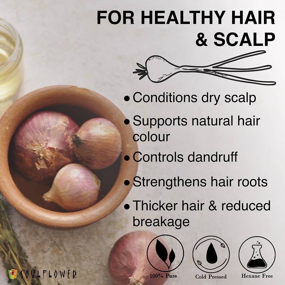 Shop Soulflower Herbal Onion Hair Growth Oil Blend of 20 Essential Oils & Extracts with Amla on Sublime Life. Fights Dandruff, hair loss and much more
