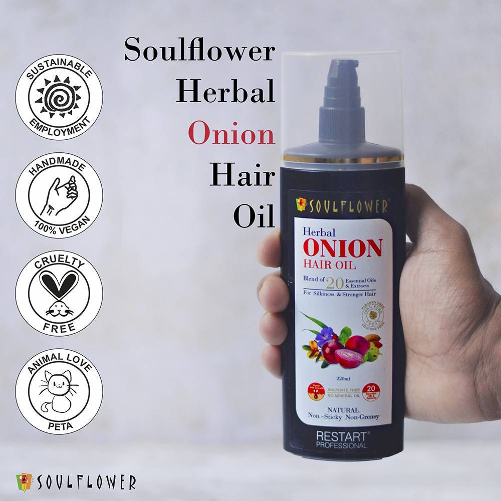 Shop Soulflower Herbal Onion Hair Growth Oil Blend of 20 Essential Oils & Extracts with Amla on Sublime Life. Fights Dandruff, hair loss and much more