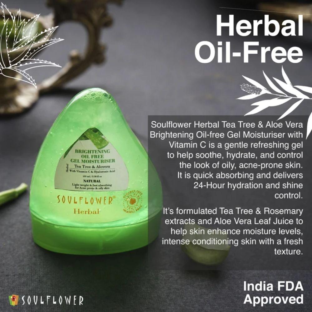 Shop Soulflower Herbal Tea Tree & Aloe Vera Brightening Oil free Gel Moisturiser with Vitamin C on Sublime Life. A refreshing, non-greasy hydrator.
