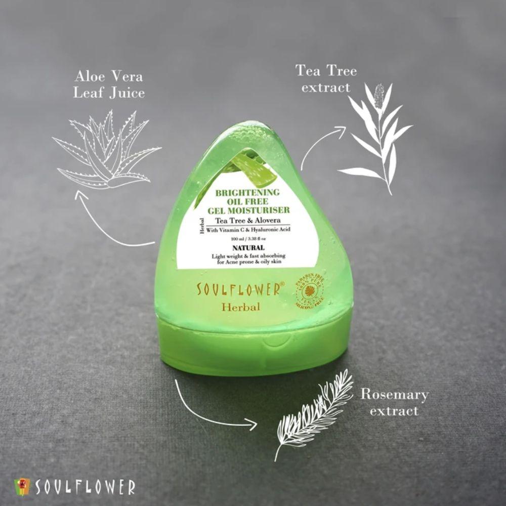 Shop Soulflower Herbal Tea Tree & Aloe Vera Brightening Oil free Gel Moisturiser with Vitamin C on Sublime Life. A refreshing, non-greasy hydrator.