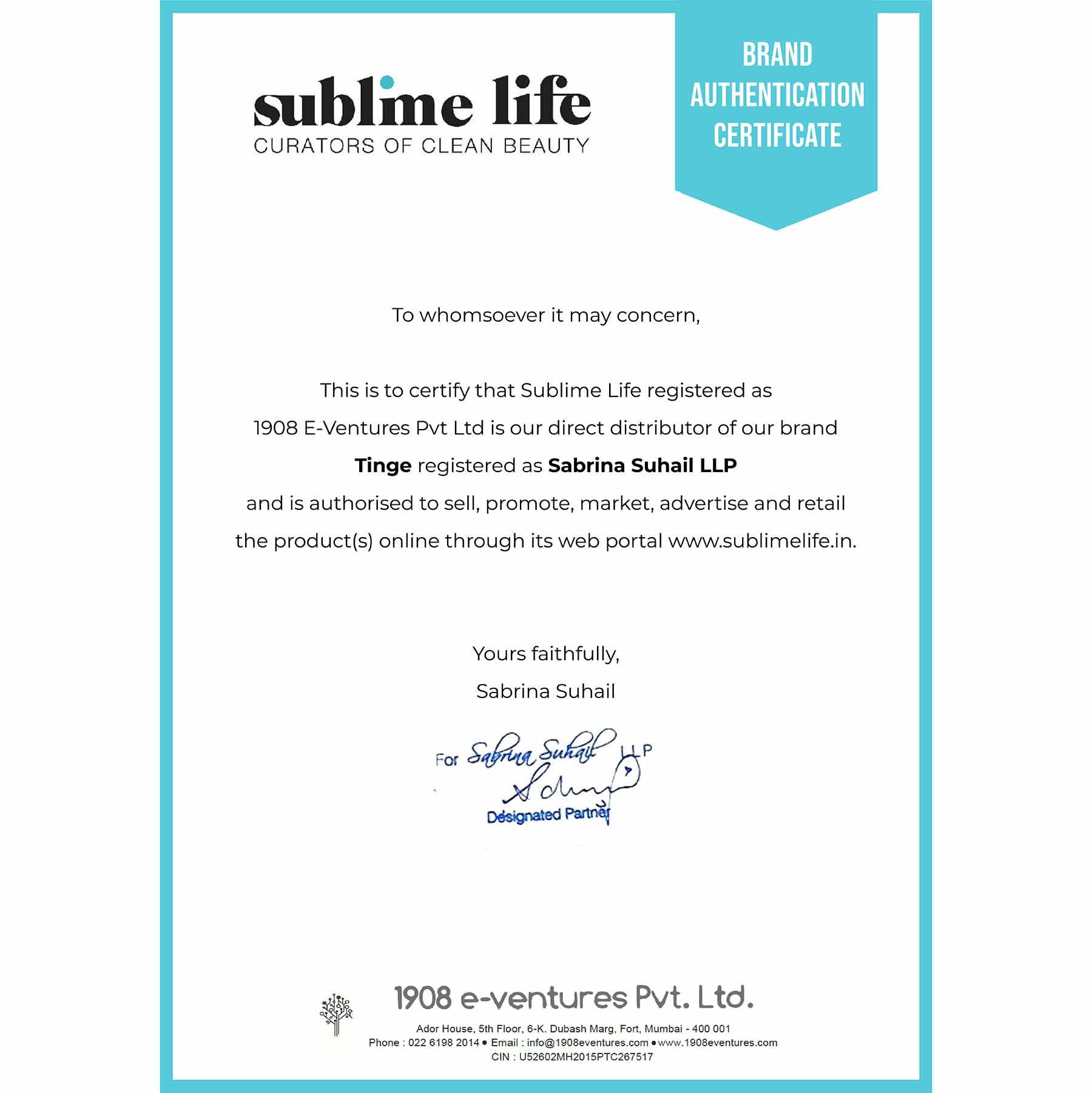 Brand Authentication Certificate-Tinge