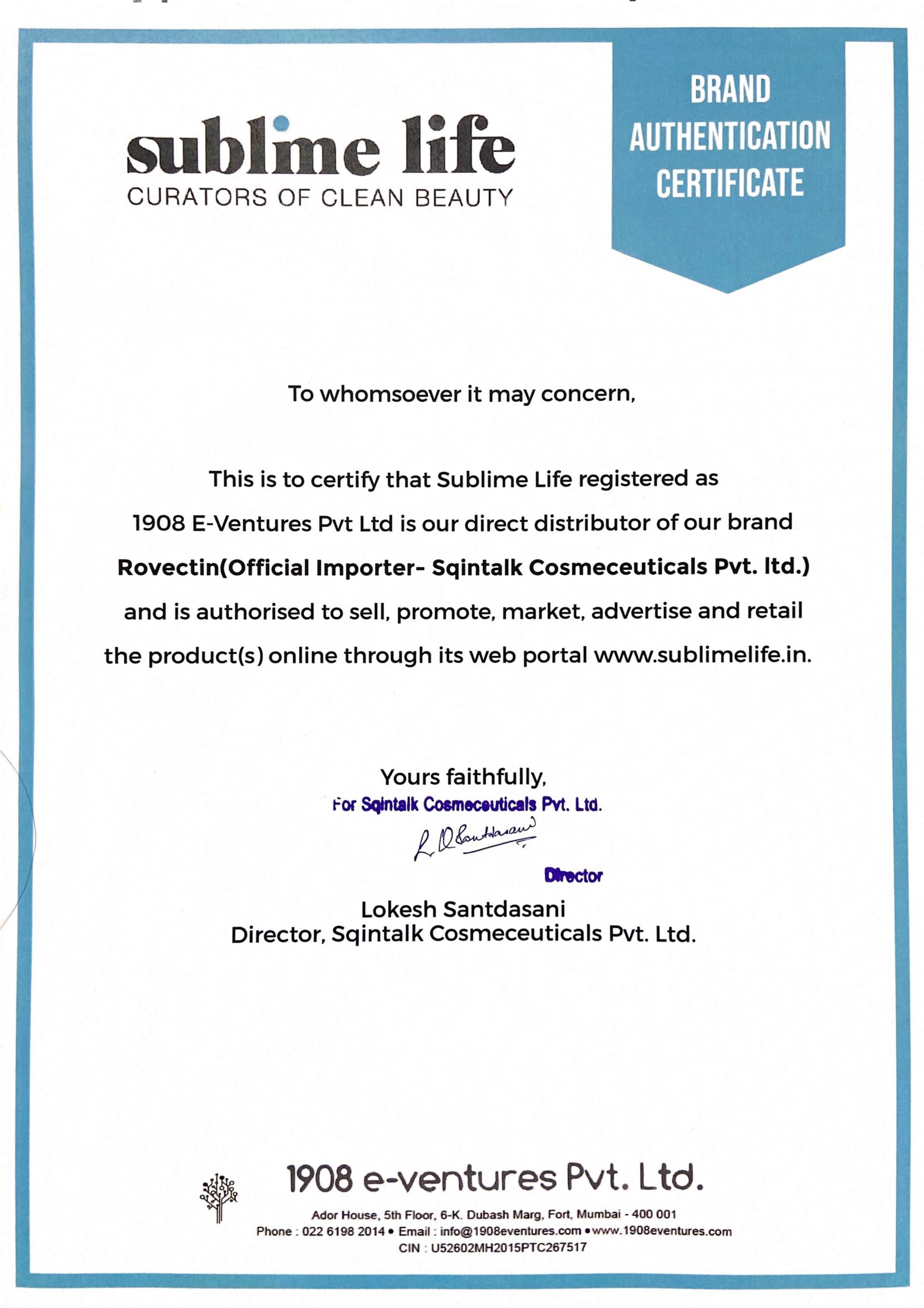 Brand Authentication Certificate - Rovectin